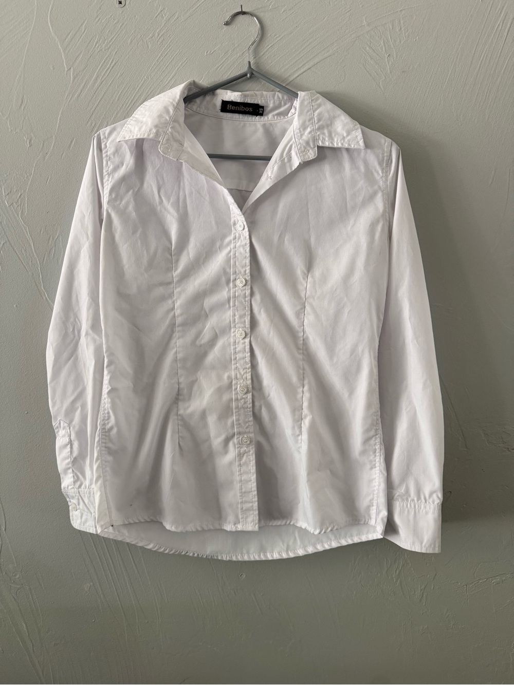 Benibos White Button Down Blouse Women’s Size Small Long Sleeve Career Shirt